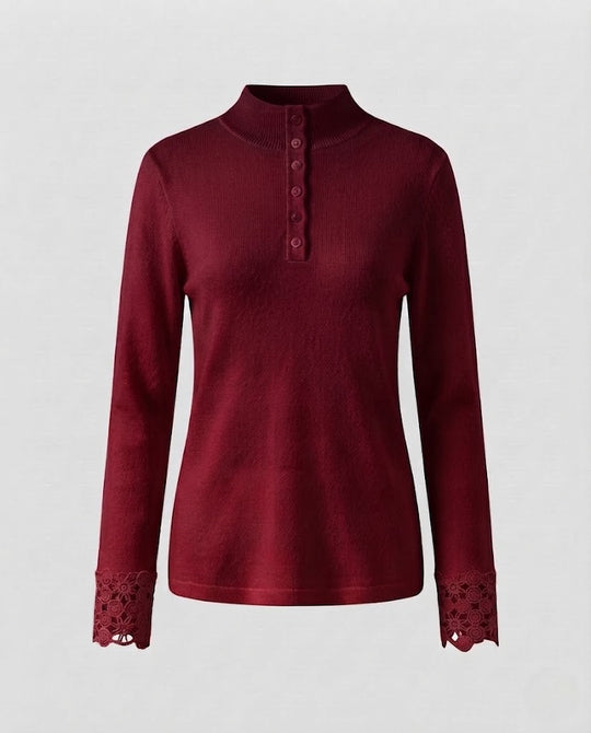 Damen Feiner Stehkragenpullover mit dekorativer Knopfleiste und Spitzenmanschetten Nord Taschen