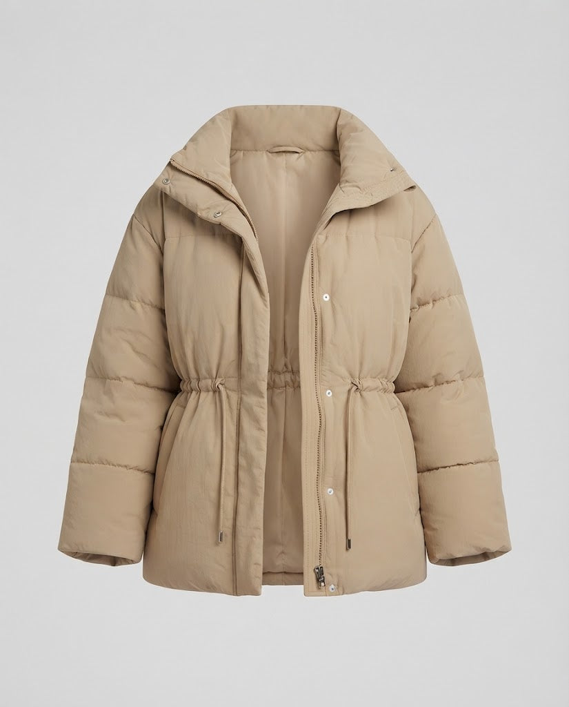 Damen Wattierter Kurzmantel mit Kapuze und verstellbarem Taillenzug Nord Taschen