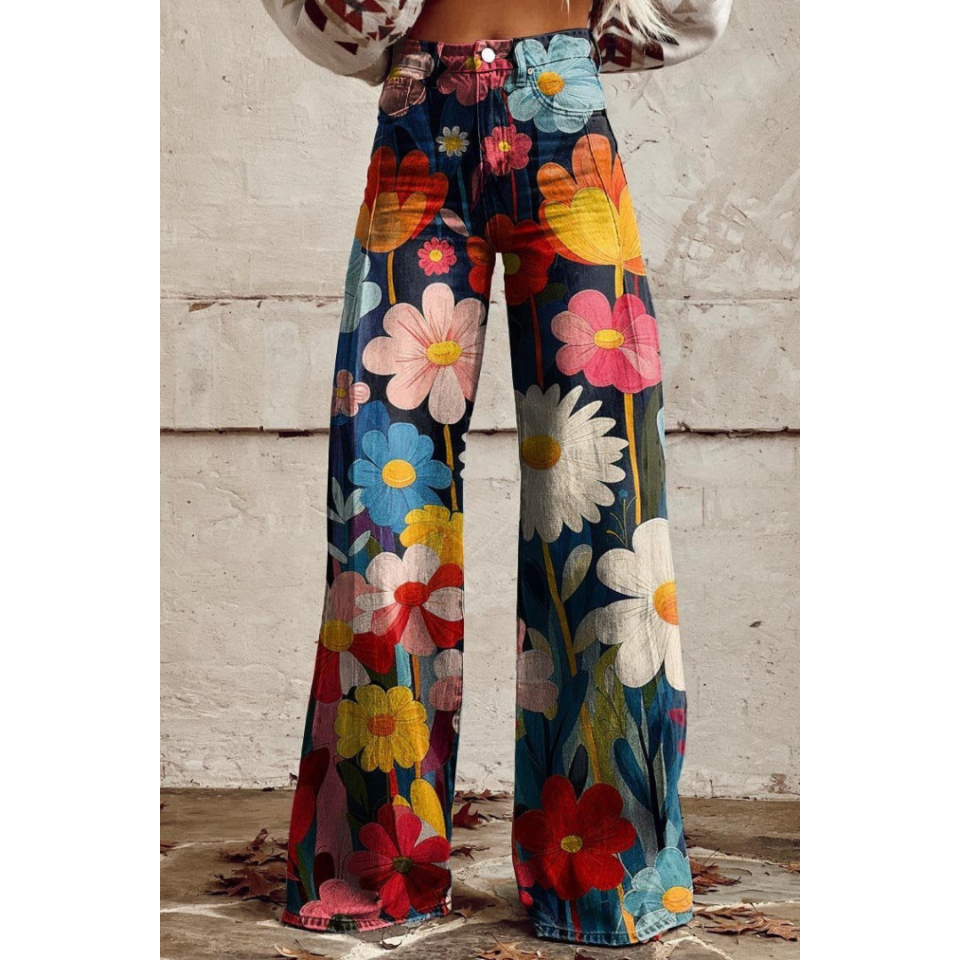 Damen bedruckte Jeanshose Helle Blumen
