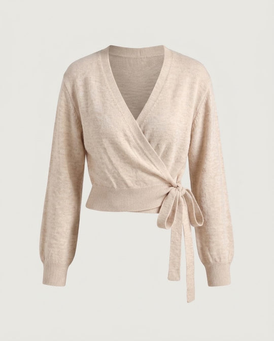 Damen Wickelstrickpullover mit V‑Ausschnitt, tailliertem Rippbündchen und Bindegürtel Nord Taschen