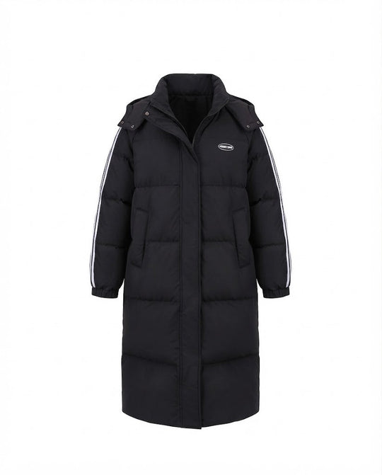 Damen nan längerer steppthermocoat mit hohem Stehkragen, Sportstreifen und integrierter Brusttasche