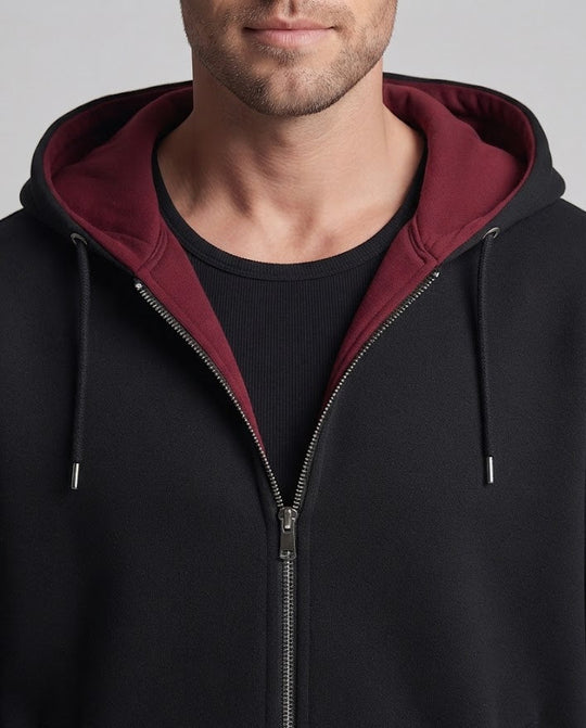 Herren Oversize-Kapuzen-Zipjacke aus schwerem French-Terry mit kontrastgefütterter Kapuze, verdecktem Reißverschluss und Eingrifftaschen Nord Taschen