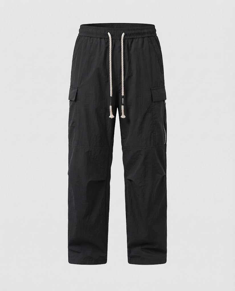 Herren Weite Nylon-Baggy-Cargohose mit Kordelzug und Zipper-Tasche Nord Taschen