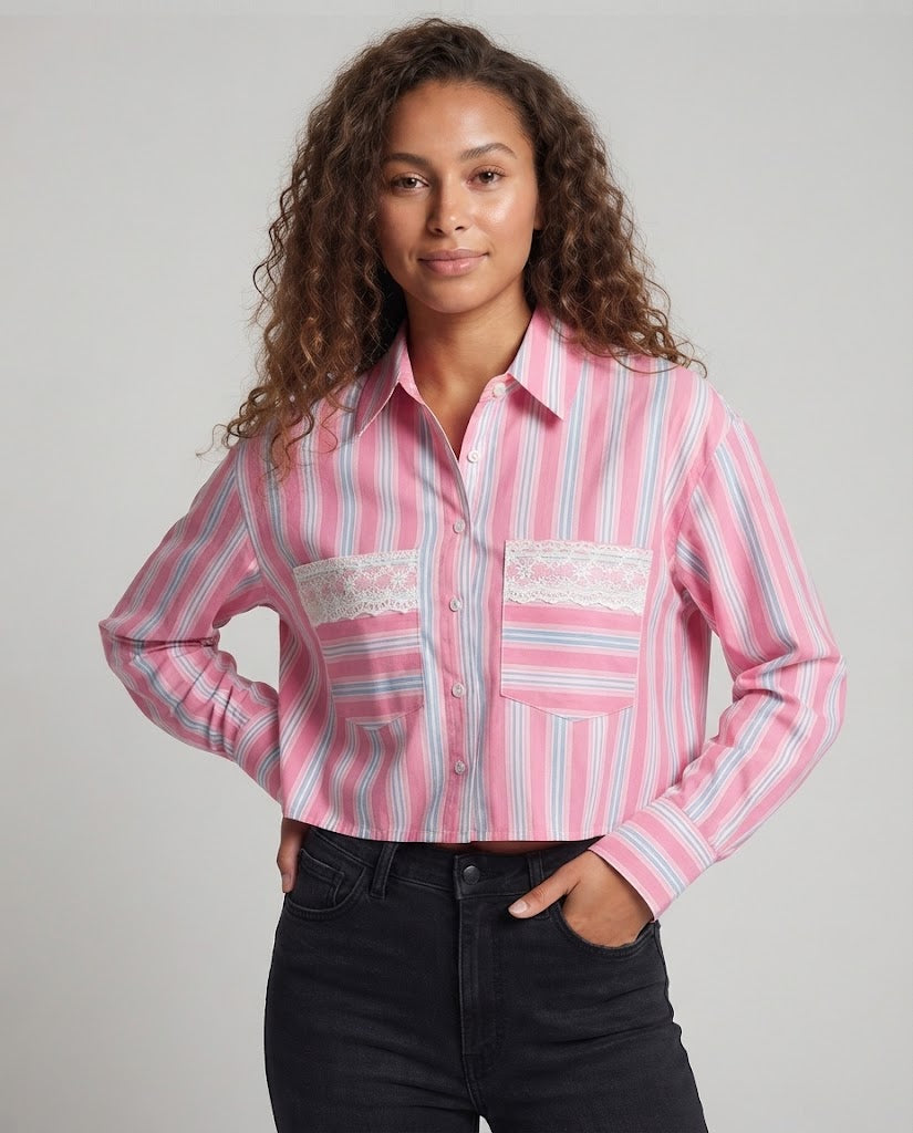 Damen Cropped-Hemdbluse im Oversize-Look mit Spitzenapplikation Nord Taschen