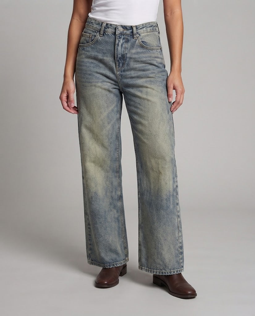 Damen High-Waist-Denim-Schlaghose mit subtiler Used-Waschung und ausgestelltem Bein Nord Taschen