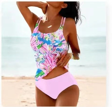 Retro Hochgeschnittenes Bikini mit Stranddruck