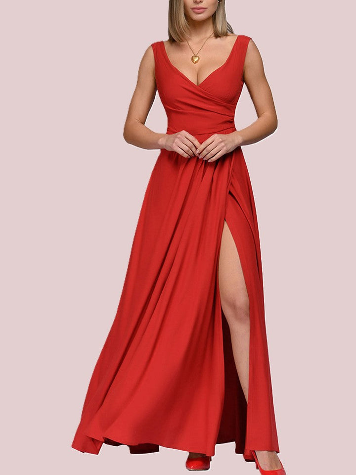 Elegantes Maxi Kleid mit Tiefem V-Ausschnitt und Schlitz
