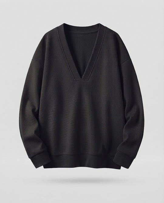 Herren Breiter V-Ausschnitt Feinstruktur-Pullover im Boxy-Schnitt aus Baumwollmix Nord Taschen
