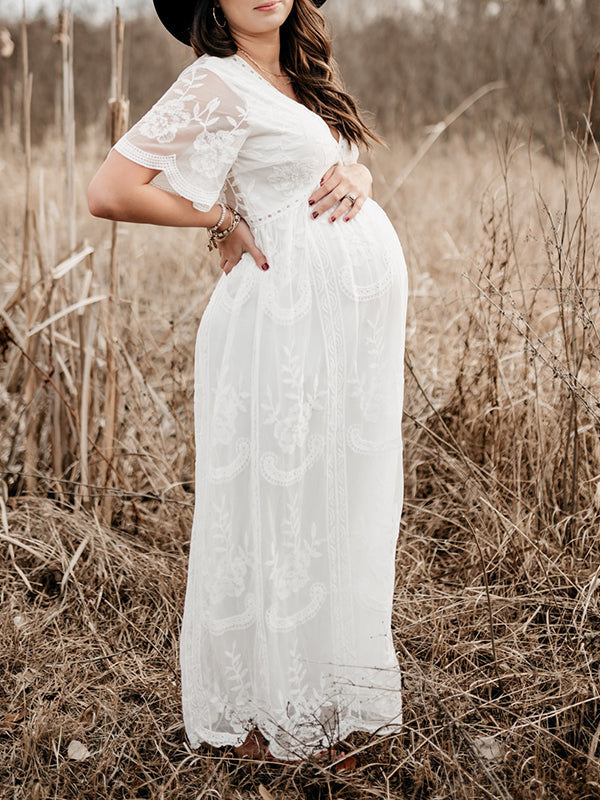 Schwangerschafts-Chaps Maxi-Fotoshooting-Kleider, elegante Spitzenstickerei, gewellter Rand, Weiß