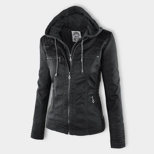 Wasserdichte Damen Lederjacke Mit Abnehmbarem Kapuzen