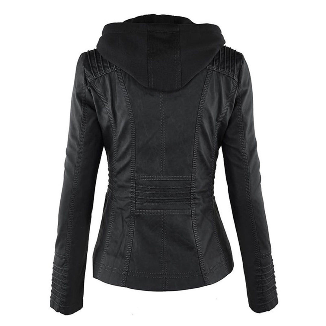 Wasserdichte Damen Lederjacke Mit Abnehmbarem Kapuzen