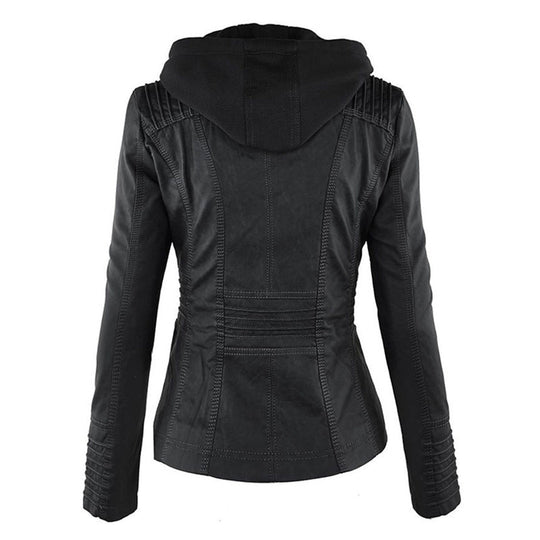 Wasserdichte Damen Lederjacke Mit Abnehmbarem Kapuzen