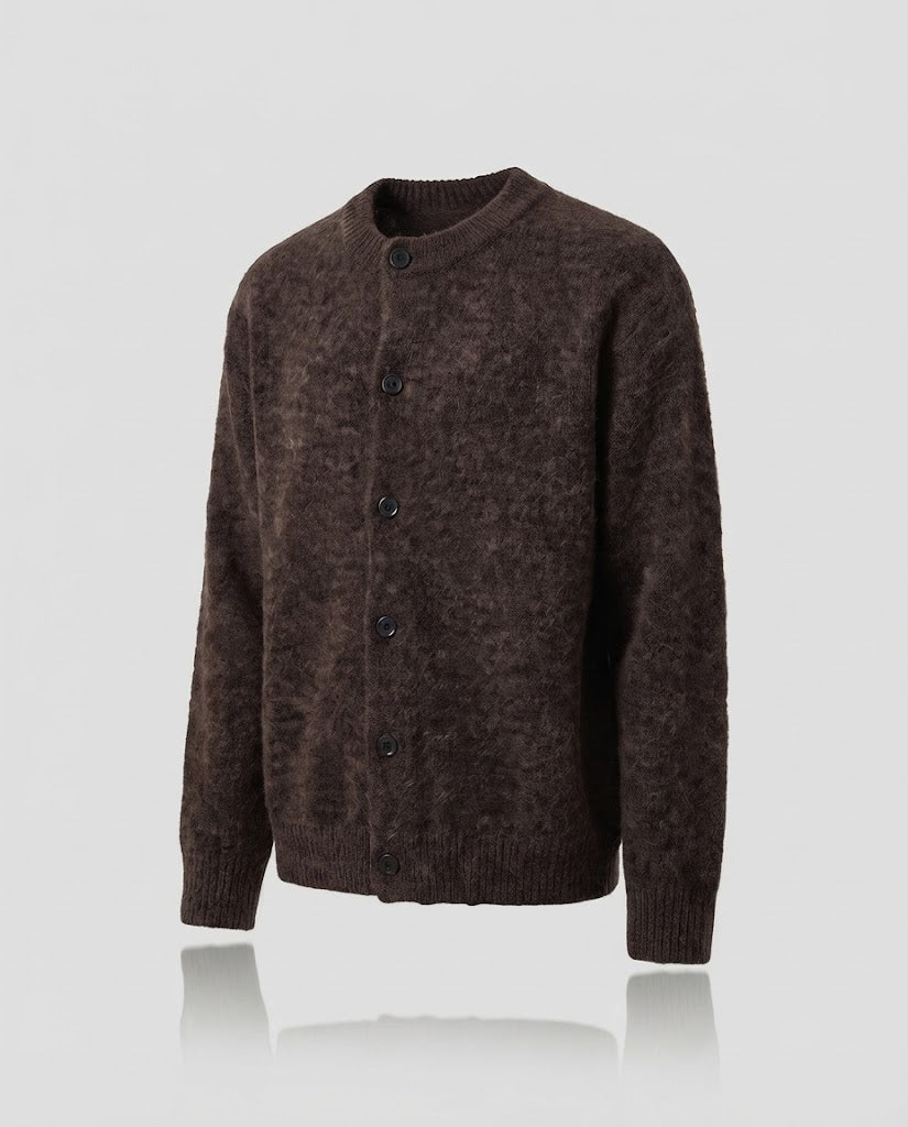 Herren Grobgestrickte Mohair‑Optik Strickjacke mit Rundhalsausschnitt Nord Taschen