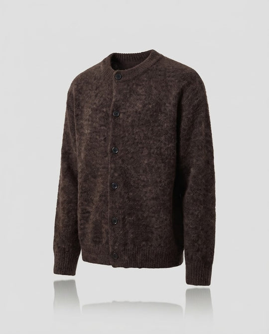 Herren Grobgestrickte Mohair‑Optik Strickjacke mit Rundhalsausschnitt Nord Taschen