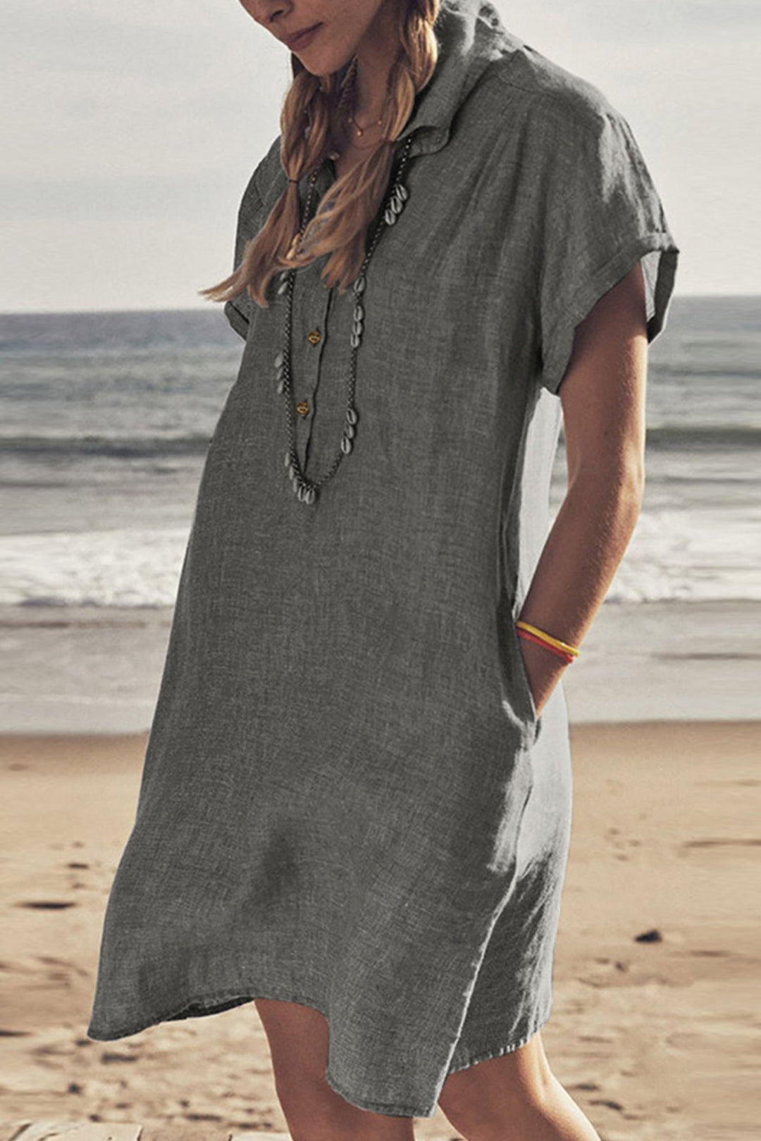 Knopf Unten Baumwoll Strandkleid