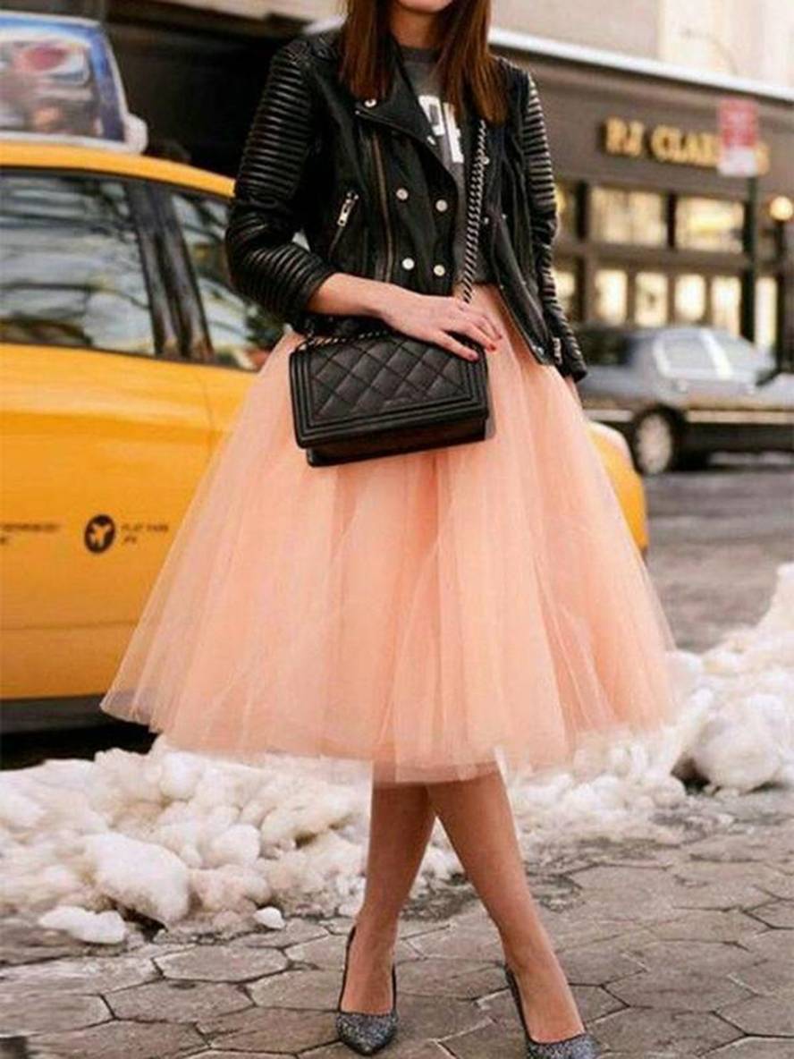 Midi-Länge Faltenrock Elastischer Tutu Aus Tüll Elegant Rosa