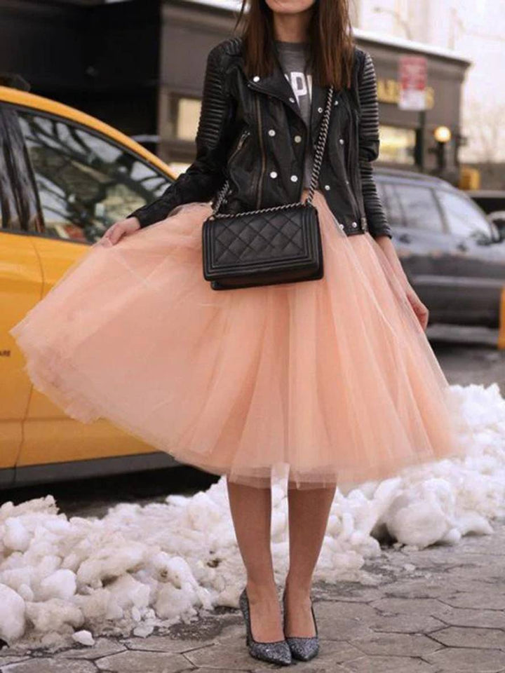 Midi-Länge Faltenrock Elastischer Tutu Aus Tüll Elegant Rosa