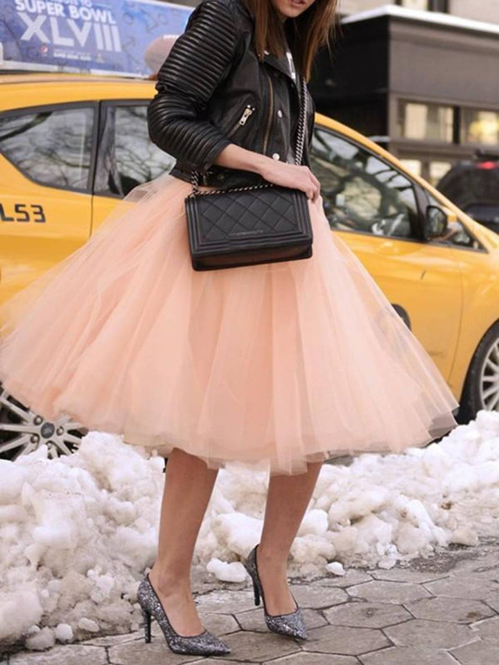 Midi-Länge Faltenrock Elastischer Tutu Aus Tüll Elegant Rosa