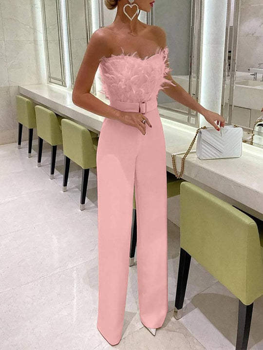 Kombination Tube mit Gerader Beinform Bustier mit Federn Elegante Frau Weiß Avellé
