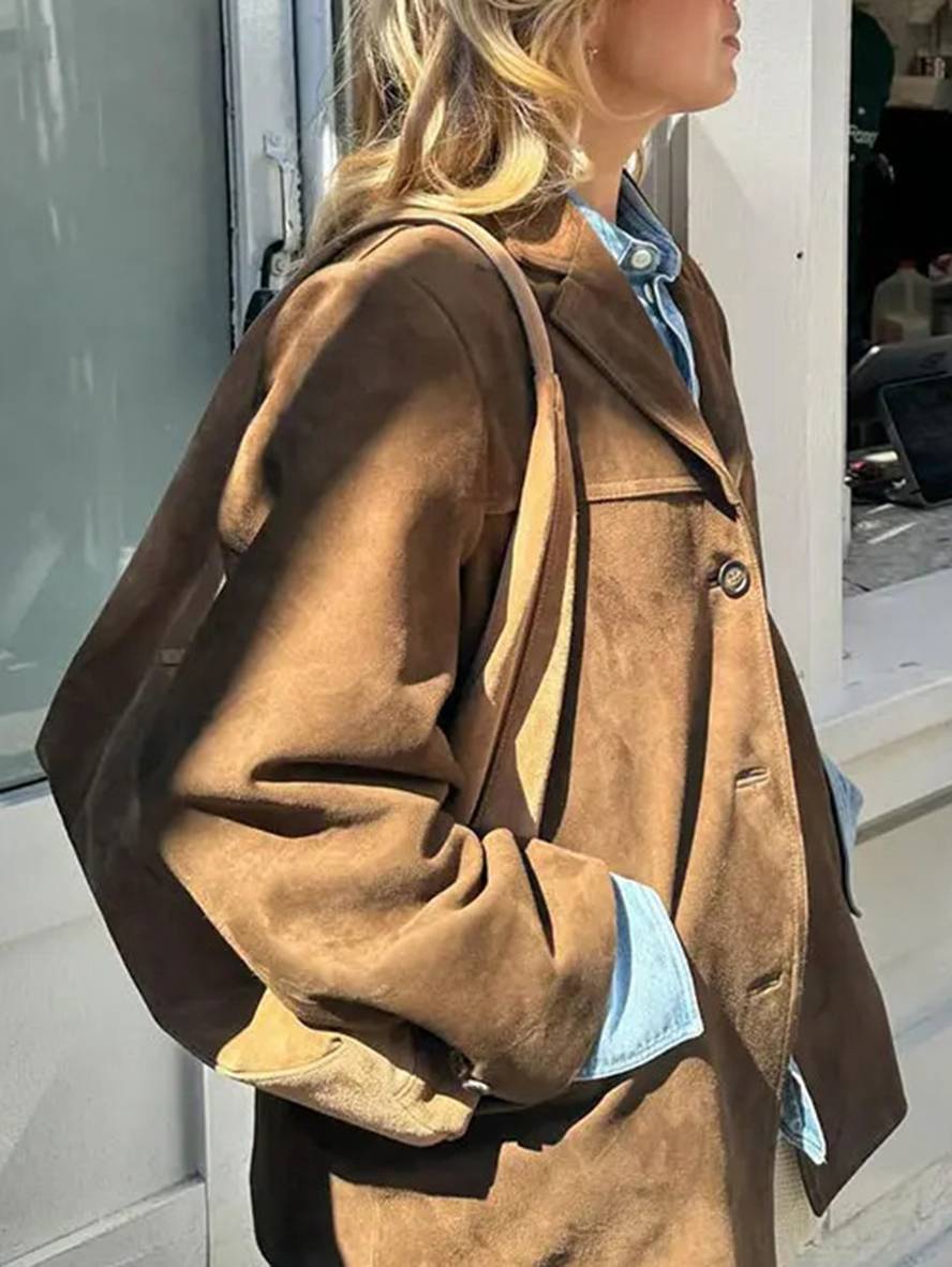 Blazer Knopf Taschen Lange Ärmel Damen Elegant Vintage Lässig Wildlederjacke
