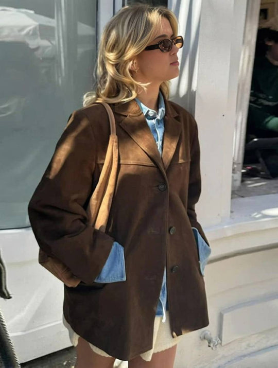 Blazer Knopf Taschen Lange Ärmel Damen Elegant Vintage Lässig Wildlederjacke