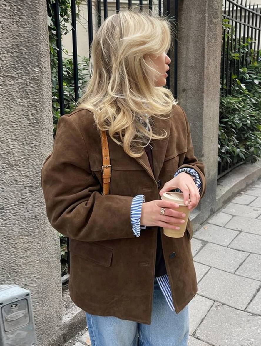 Blazer Knopf Taschen Lange Ärmel Damen Elegant Vintage Lässig Wildlederjacke