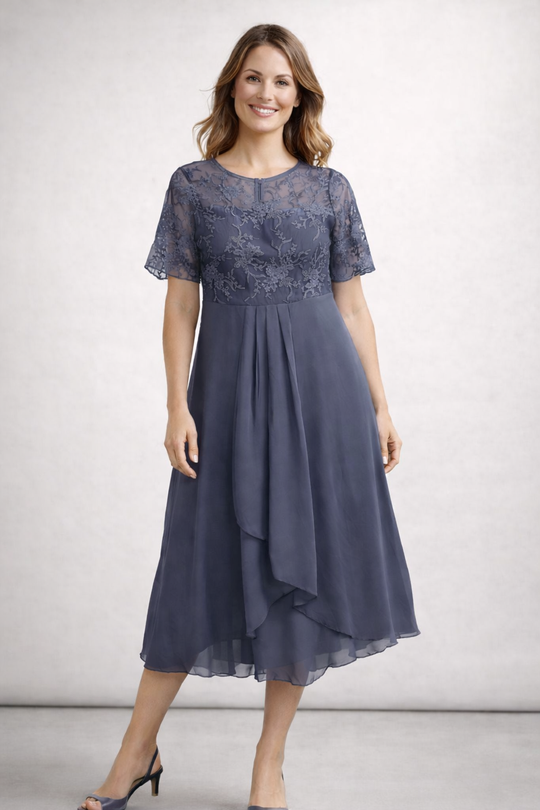Damen Midikleid mit Spitze und Chiffon Kurzarm