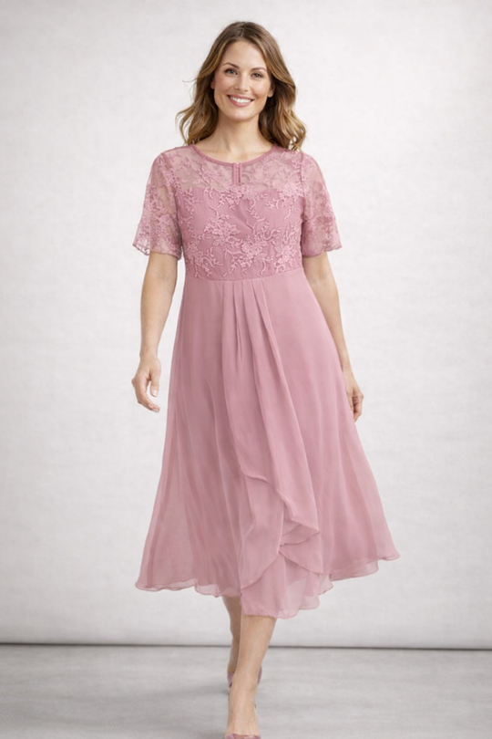 Damen Midikleid mit Spitze und Chiffon Kurzarm