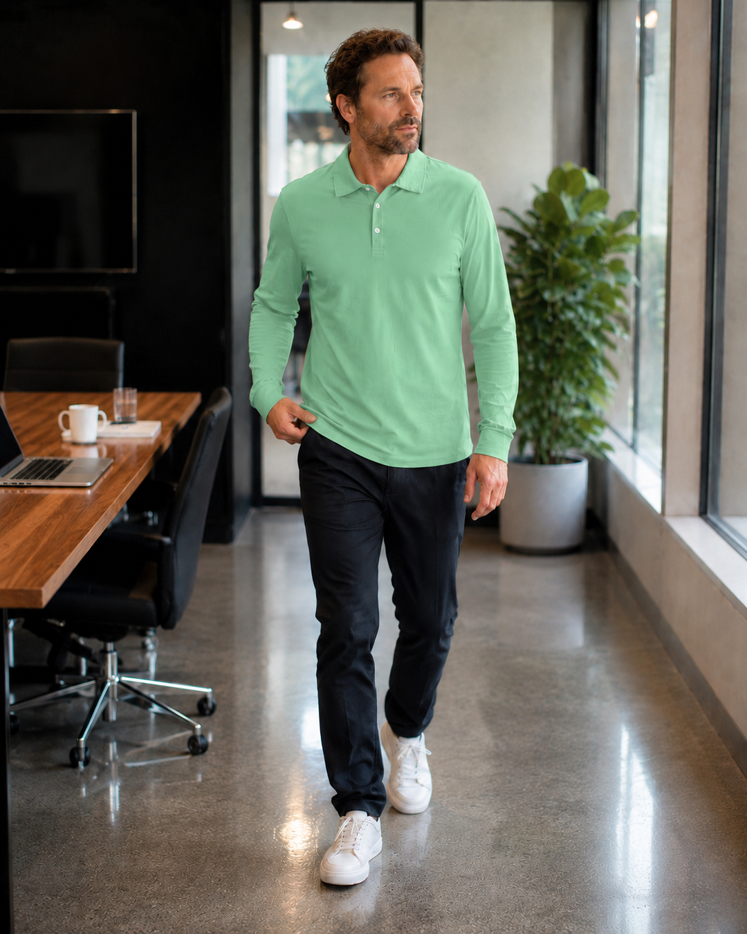 Herren Langarm-Polo mit Knopfleiste
