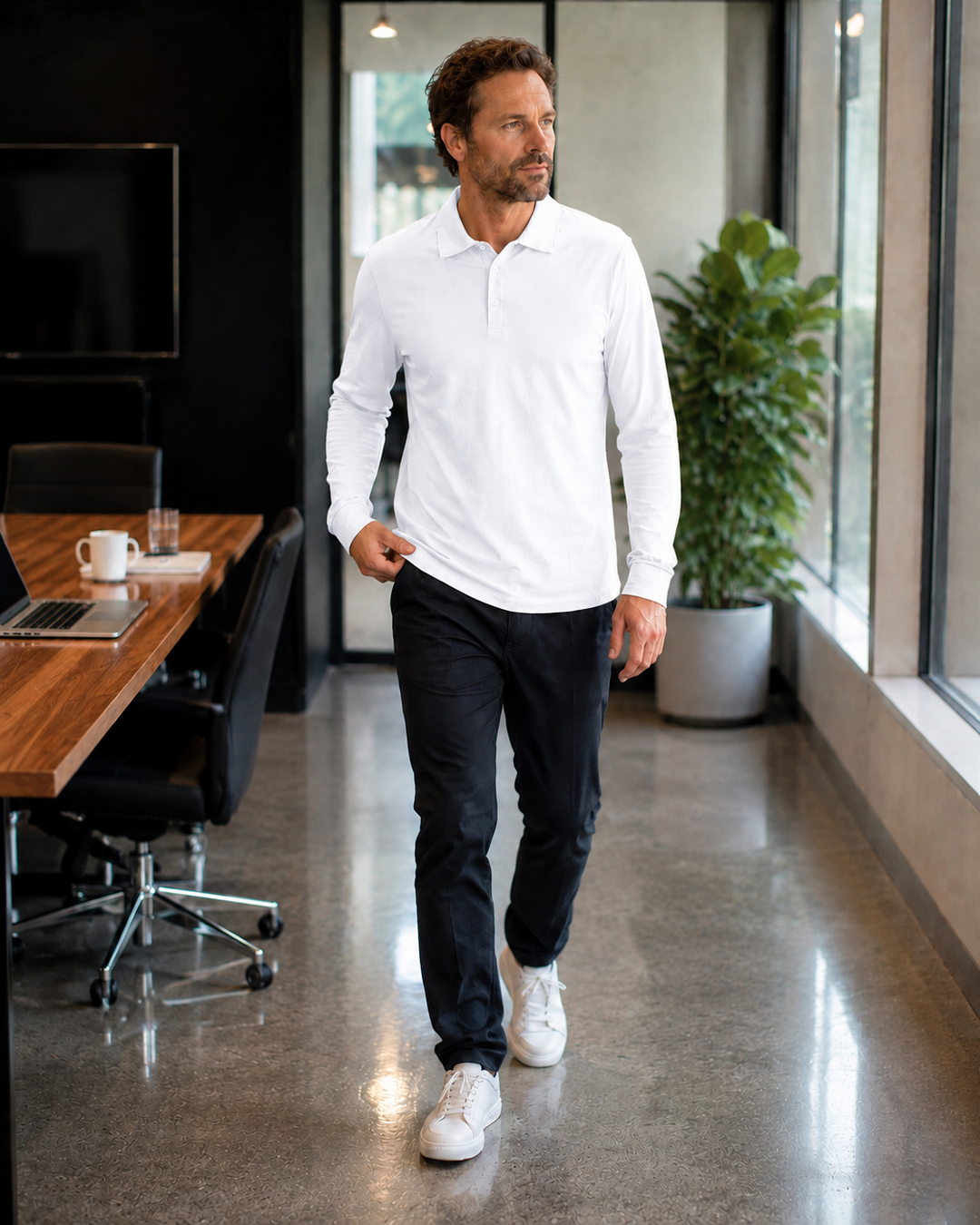 Herren Langarm-Polo mit Knopfleiste