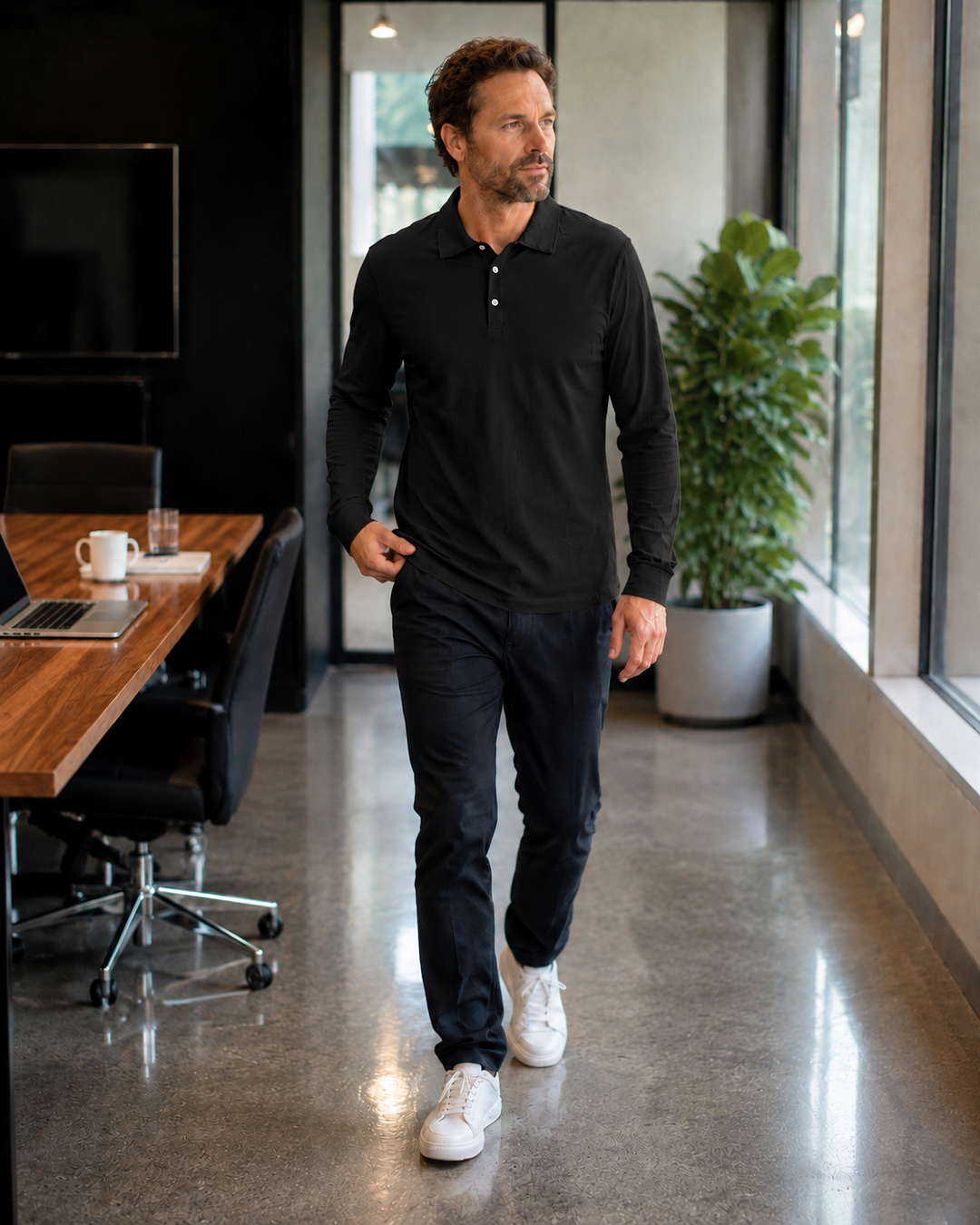 Herren Langarm-Polo mit Knopfleiste