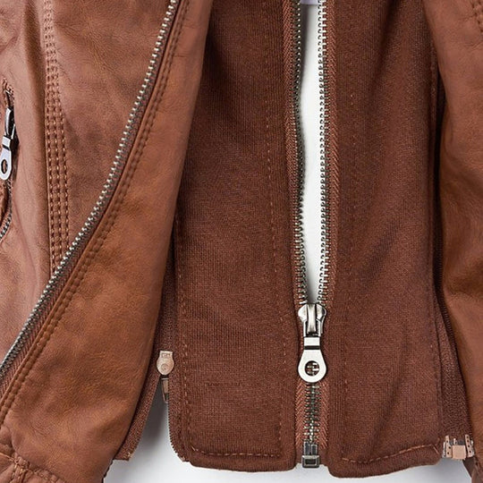 Wasserdichte Damen Lederjacke Mit Abnehmbarem Kapuzen