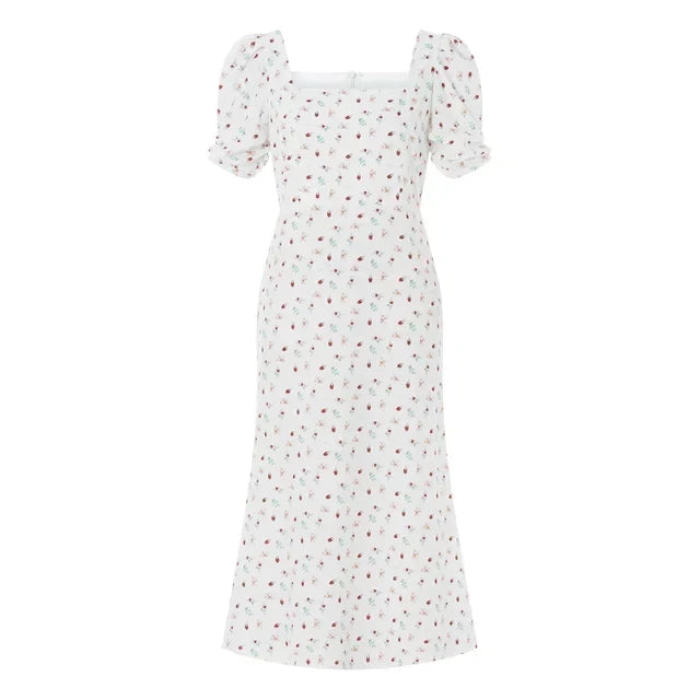 Damen Sommer Rechteck-Ausschnitt Kleid Midi