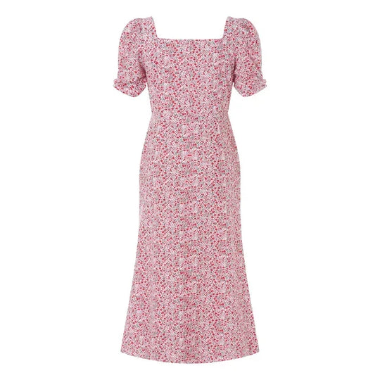 Damen Sommer Rechteck-Ausschnitt Kleid Midi