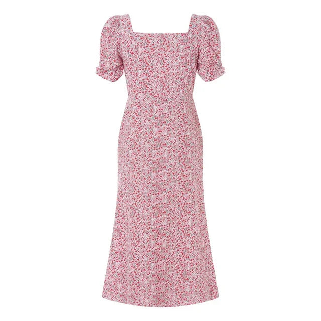 Damen Sommer Rechteck-Ausschnitt Kleid Midi