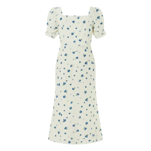 Damen Sommer Rechteck-Ausschnitt Kleid Midi
