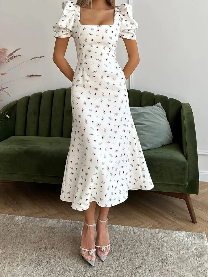Damen Sommer Rechteck-Ausschnitt Kleid Midi