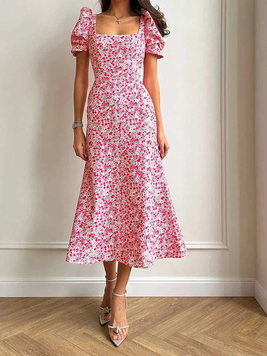 Damen Sommer Rechteck-Ausschnitt Kleid Midi