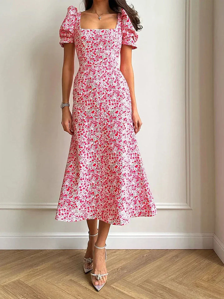 Damen Sommer Rechteck-Ausschnitt Kleid Midi