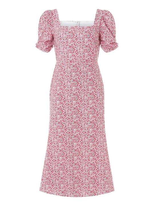 Damen Sommer Rechteck-Ausschnitt Kleid Midi