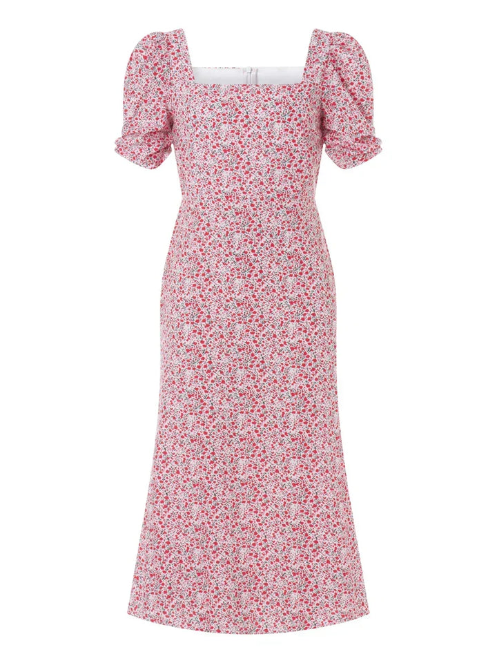 Damen Sommer Rechteck-Ausschnitt Kleid Midi