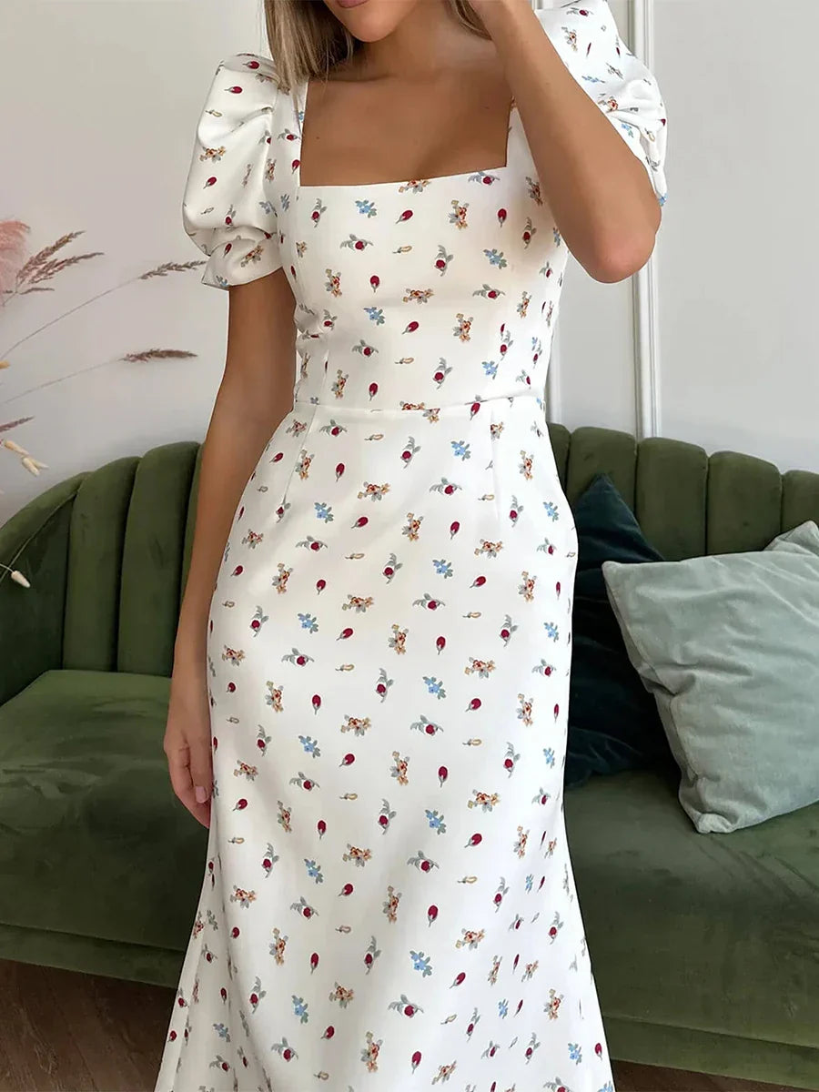 Damen Sommer Rechteck-Ausschnitt Kleid Midi