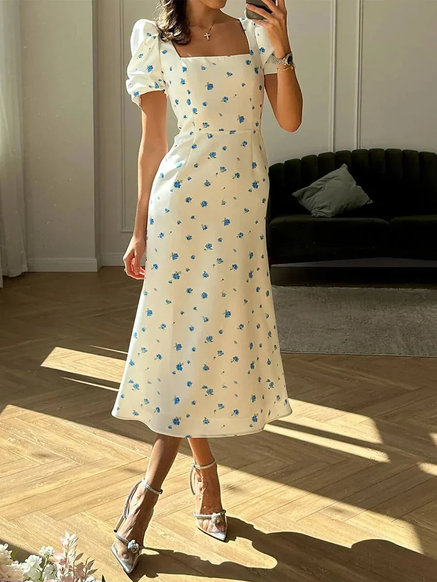 Damen Sommer Rechteck-Ausschnitt Kleid Midi