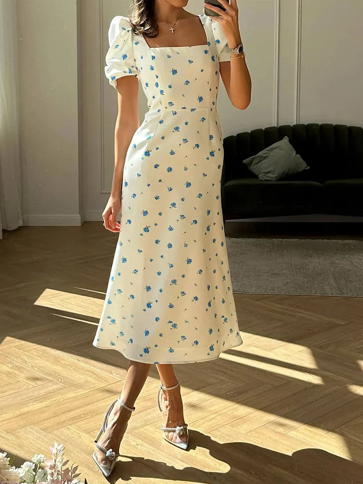 Damen Sommer Rechteck-Ausschnitt Kleid Midi