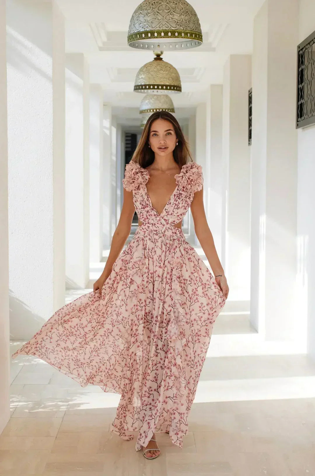 Cutout Rüsch Maxi Kleid