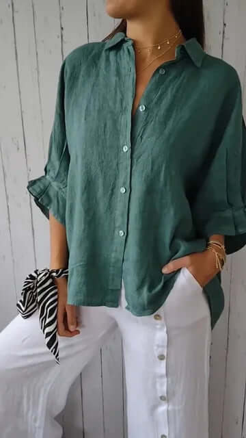 Lässiges Shirt mit Schlaufenverschluss Aus Baumwolle und Leinen für Frauen