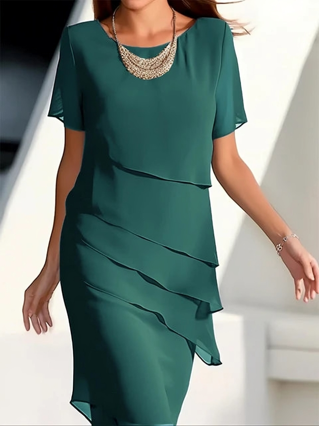 Elegantes Kleid - Kurzärmeliges Midikleid aus geschichtetem Chiffon