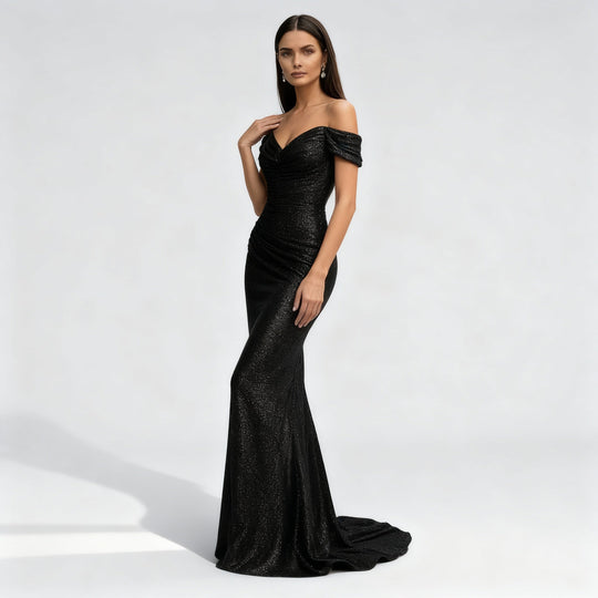 Schimmerndes Schulterfreies Pailletten Damen Abendkleid