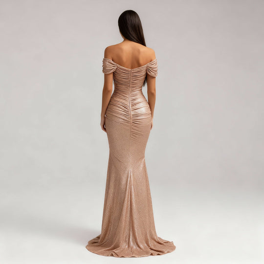 Schimmerndes Schulterfreies Pailletten Damen Abendkleid