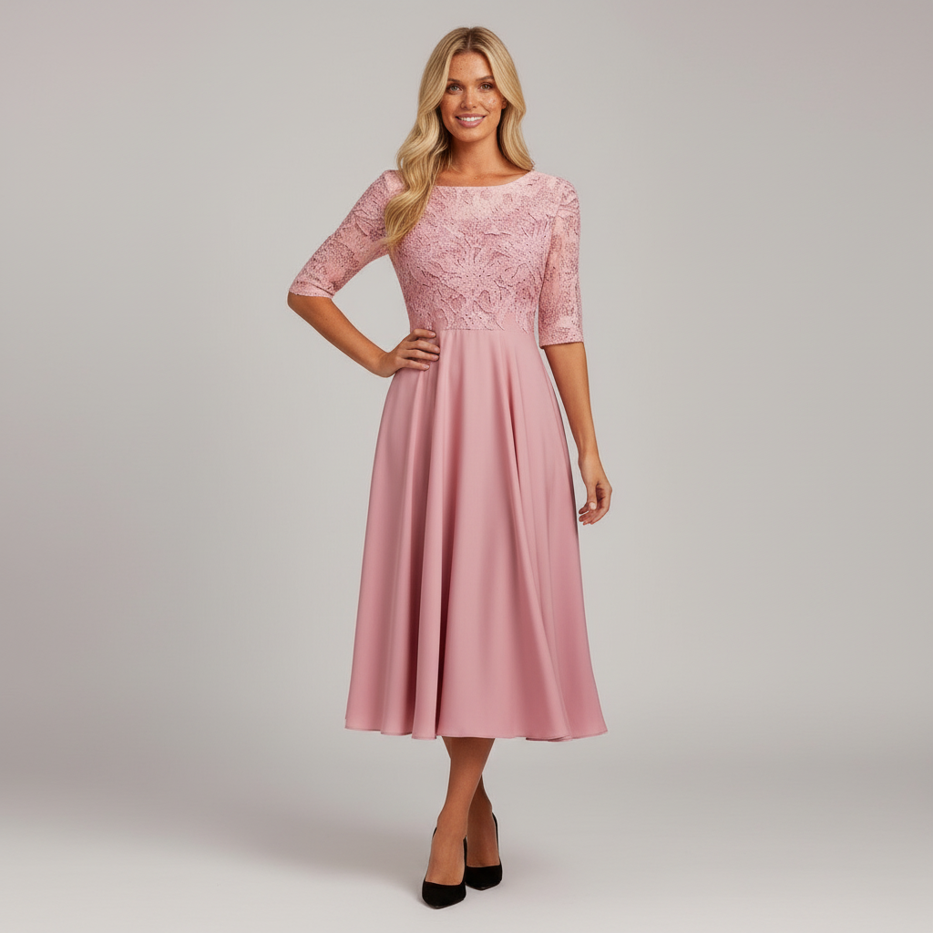 Damen Feminin Fallendes Chiffon Midikleid mit Fließendem Schnitt